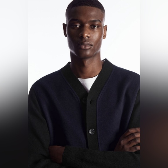 COS Colour-Block Panelled Wool Cardigan Dark Blue Black Size Small Mens New - Picture 4 of 16